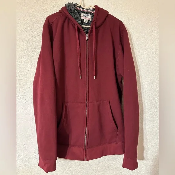 Land’s End Serious Sweats Hoodie Men Burgundy Full Zip Sherpa Fleece Size M/T - Picture 1 of 7